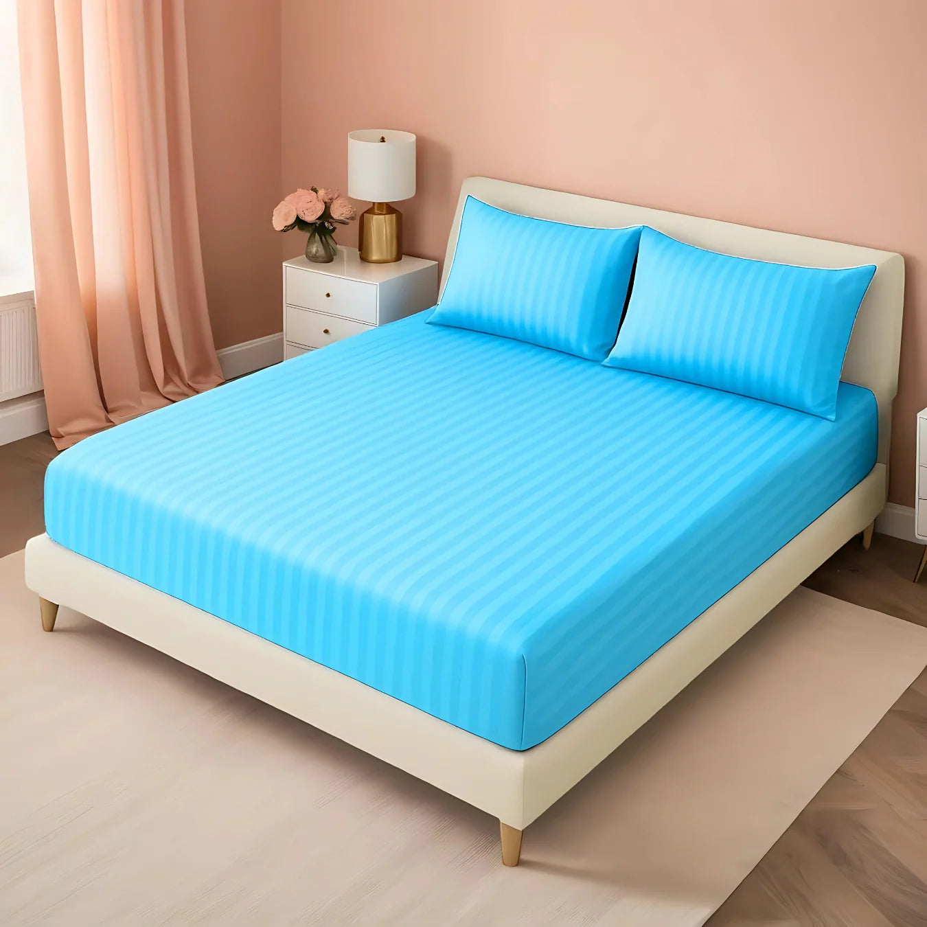 LIGHT BLUE STRIPE SATIN FITTED SHEET - (PREMIUM)