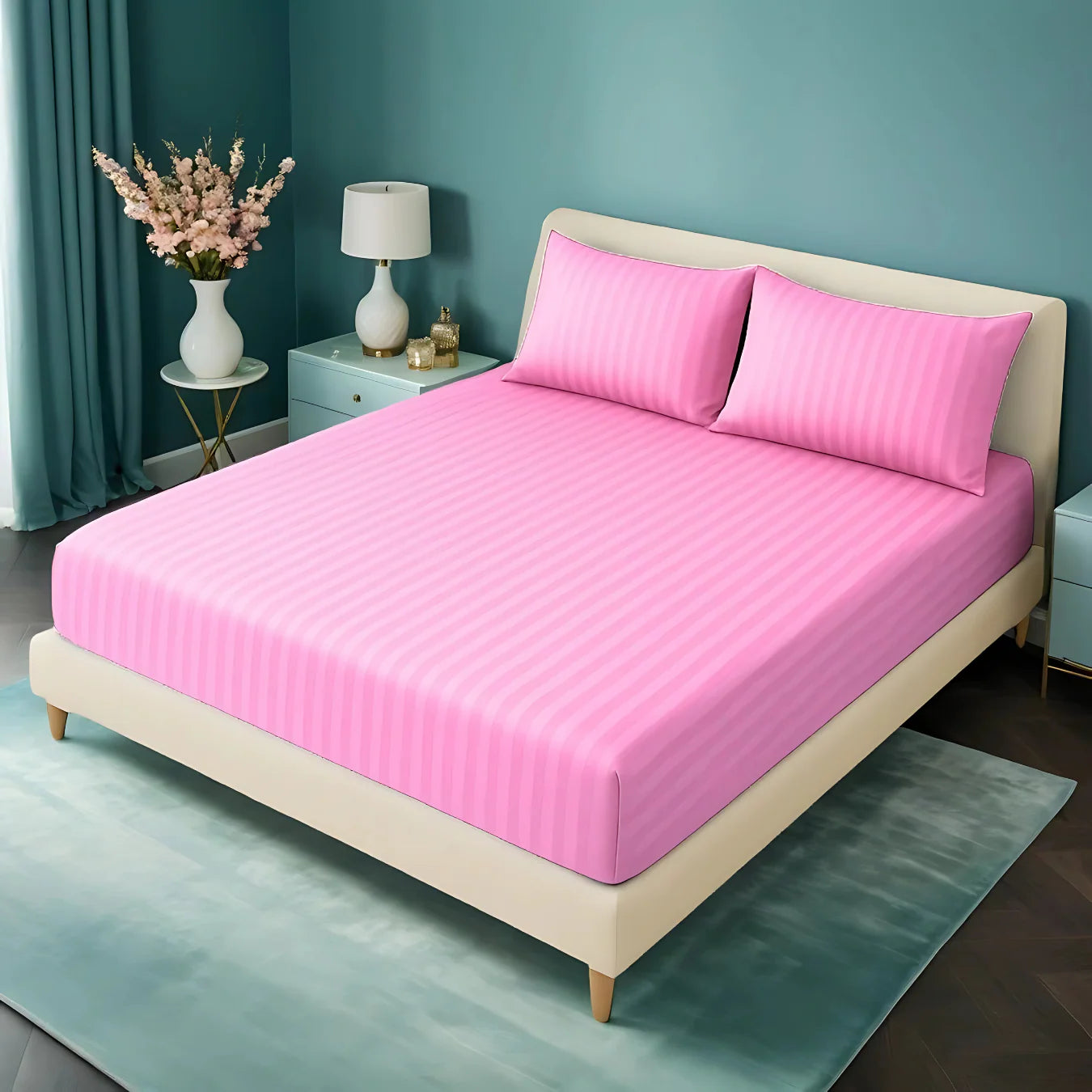 PINK STRIPE SATIN FITTED SHEET - (PREMIUM)