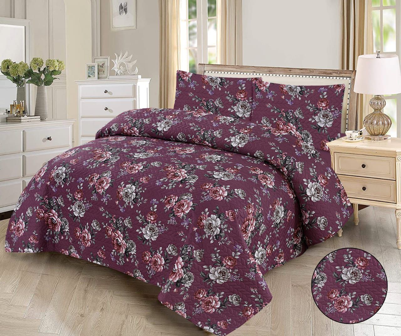 FLORAL WINE BEDSPREAD 3 PCS