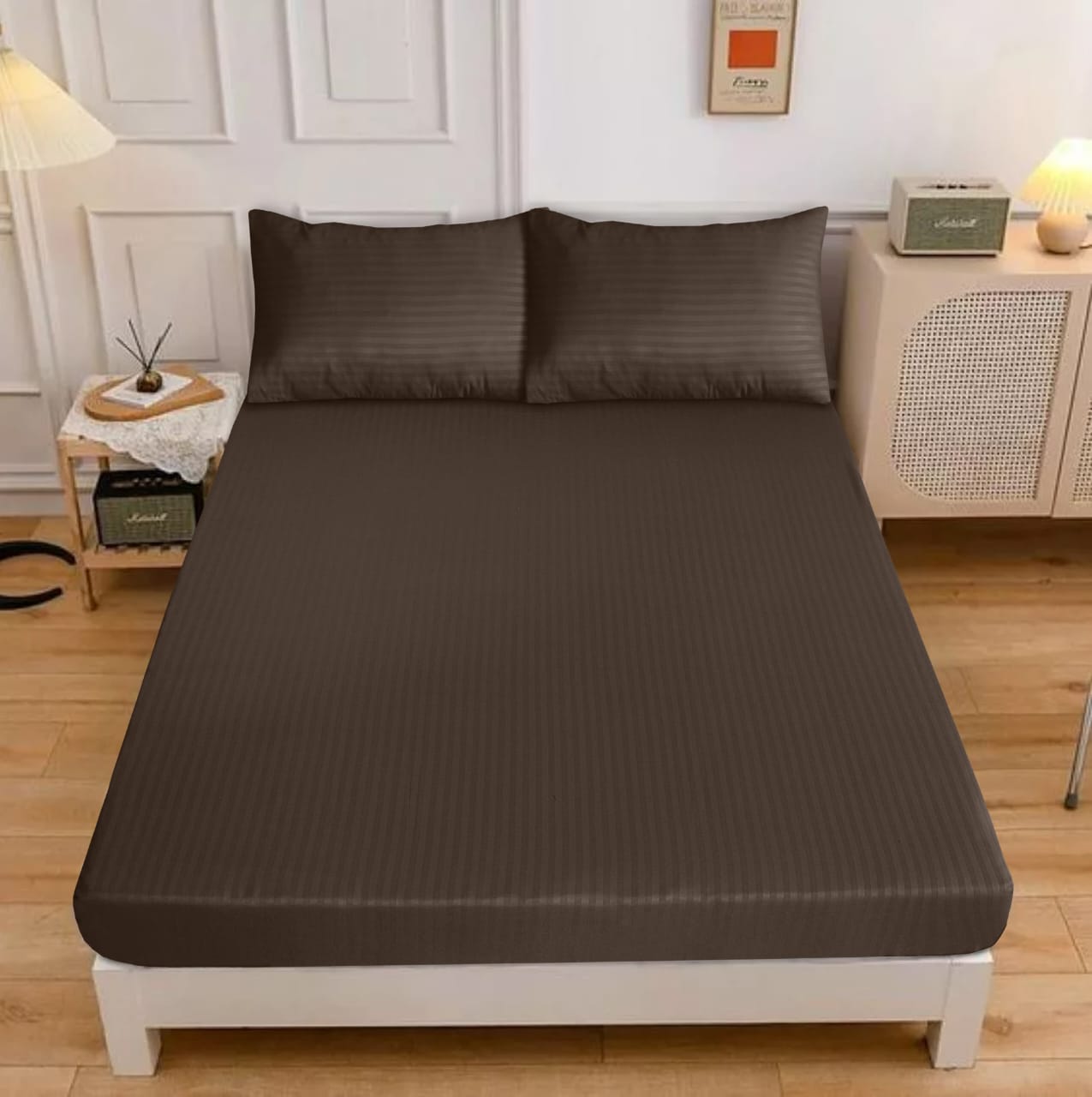 BROWN STRIPE SATIN FITTED SHEET - (PREMIUM)